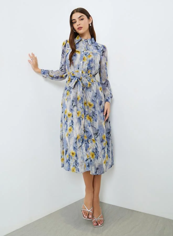 Styli Women Blue Floral Print Midi Shirt Dress